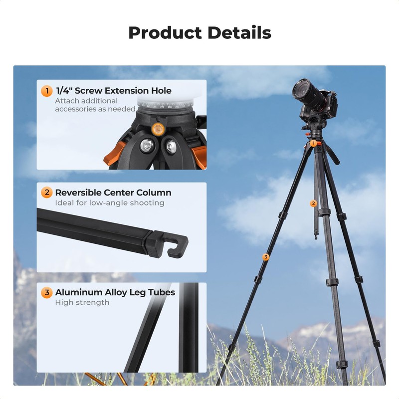 K&F CONCEPT 73” Camera Tripod with Fluid Head, Aluminum Travel