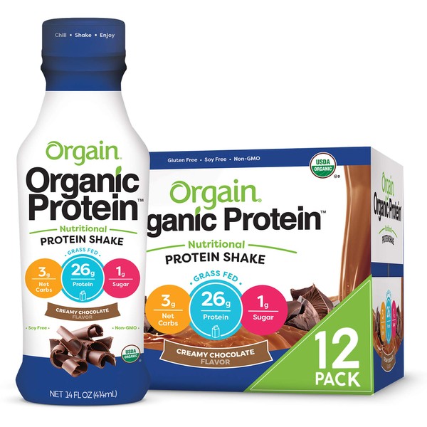 Orgain Organic 26g Grass Fed Whey Protein Shake, Creamy Chocolate - Meal Replacement, Ready to Drink, Low Net Carbs, No Sugar Added, Gluten Free, Non-GMO, 14 Ounce, 12 Count (Packaging May Vary)