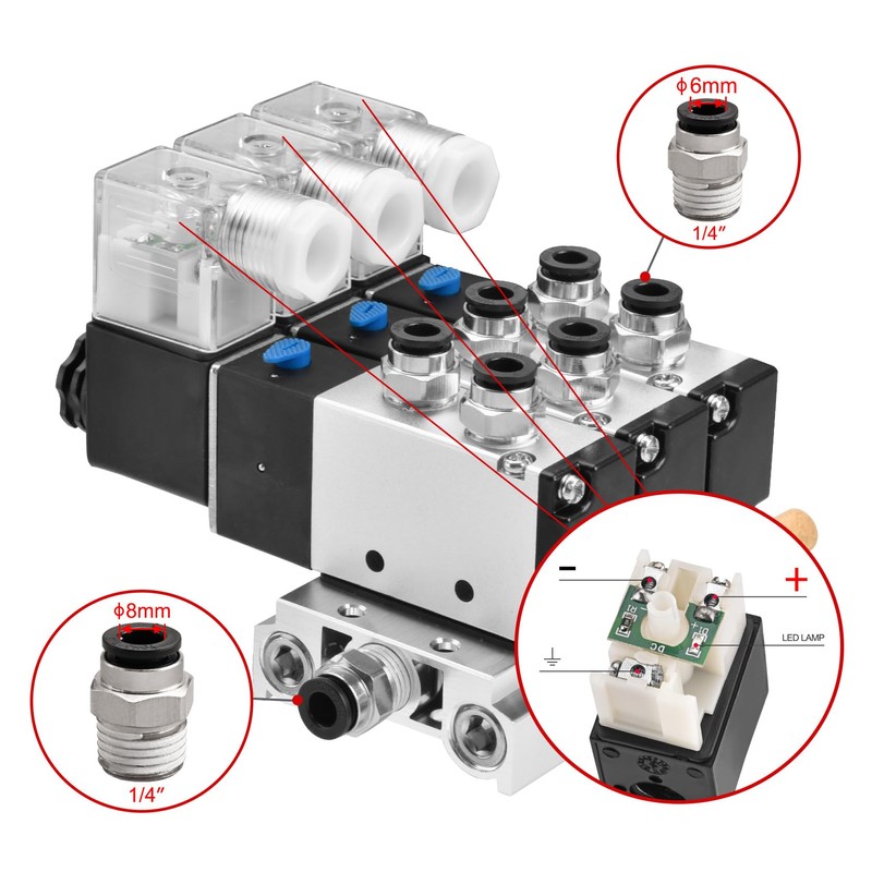 Heschen Electro-Pneumatic Triple Solenoid Valve, 4V210-08, DC 12V, PT1/4 5-Way