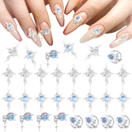 HINZIC 30Pcs 3D Planet Nail Charm Mermaid Eye Charm for Acrylic Nails Sliver Blue Alloy Cross Rhinestones Valentines Wedding Y2K Jewels Gems for Phone Cases Hair Clips