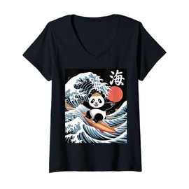 Womens Kawaii Panda Surfing Big Wave Japanese Art Ocean Scene V-Neck T-Shirt