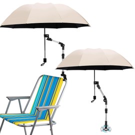 Sunnymove 2 Sets Beach Chair Umbrella with Clamp 49.2" 360° Adjustable Golf Umbrella with Clip and Retractable Stand Sun Shade for Camping Outdoor Travel Patio Wheelchair Golf Cart Stroller(White)