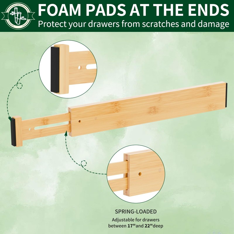 Dunruz 4 Pack Bamboo Drawer Dividers 2.6" High,Adjustable Spring Loaded