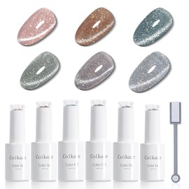 Coikaze Magnetic Gel, Flash Magnetic Nail, Gel Nail, Color Gel, Cat Eye Gel, Cat Eye, Self Nail, Magnetic Included, Set of 6 Colors, UV/LED Compatible (Starry Sky Flash Magnet Gel)