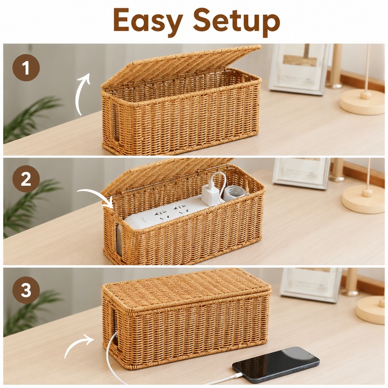 Handmade Rattan Cable Management Box for Cord Organization - Decorative