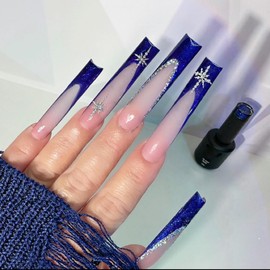 French Christmas Press on Long Square Blue False Nails with Glitter & Snowflake Designs Full Cover Acrylic Jelly Stick on Nails for Women and Girls Xmas Manicure