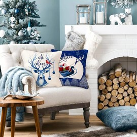 KY-Tech Christmas Cushion Covers, 4 Pack Blue Christmas Pillow Covers Cotton Linen Christmas Pillow Cases Xmas Cushion Covers Blue Christmas Decorations Pillow Covers, 18x18 inch (StyleF-Blue)