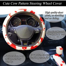 Fluffy Cow Print Plush Steering Wheel Cover for Women with Furry Gear Cover,Handbrake Cover,Seat Belt Cover,Armrest Pad,Car Coaster and Bling Emblem Sticker Furry Car Accessories Pack of 9 (Red)