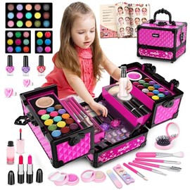 Hollyhi Juego de 59 piezas de maquillaje para niñas, juego de juguetes de maquillaje lavables para disfrazarse, juego de tocador de belleza con estuche de cosméticos, juguetes de cumpleaños para niñas de 3, 4, 5, 6, 7, 8, 9, 10, 11, 12 años