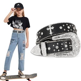 Balteus Kids Rhinestone Belt for Girls and Boys,Fashion Western Cowgirl Cowboy Bling Studded Design Leather Belt Diamond Belt for Jeans Dress