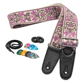 LEKATO Guitar Strap for Electric Bass Acoustic Guitar, Floral Jacquard Embroidery 2″ Wide Guitar Straps Bass Strap Padded Guitar Straps with Picks & Blocks (Purple Flower White)