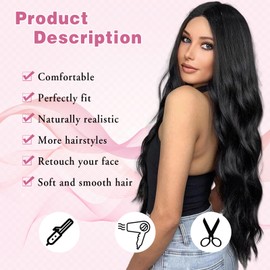 MYQUEEN Long Wavy Wig for Women 26 Inch Black Synthetic Lace Front Wig Middle Part Curly Wavy Natural Looking Wig for Daily Party Holloween Cosplay Use