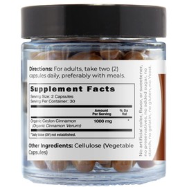 Viva Doria Ceylon Cinnamon, 60 Veggie Capsules, 1000mg Per Serving, Gelatin Free, Made from Organic True Ceylon Cinnamon, 60 Vegetable Capsules, Glass Jar