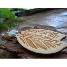 Moonstone and large wooden leaf - milled earrings: unique, really long, lightweight earrings on handmade hooks