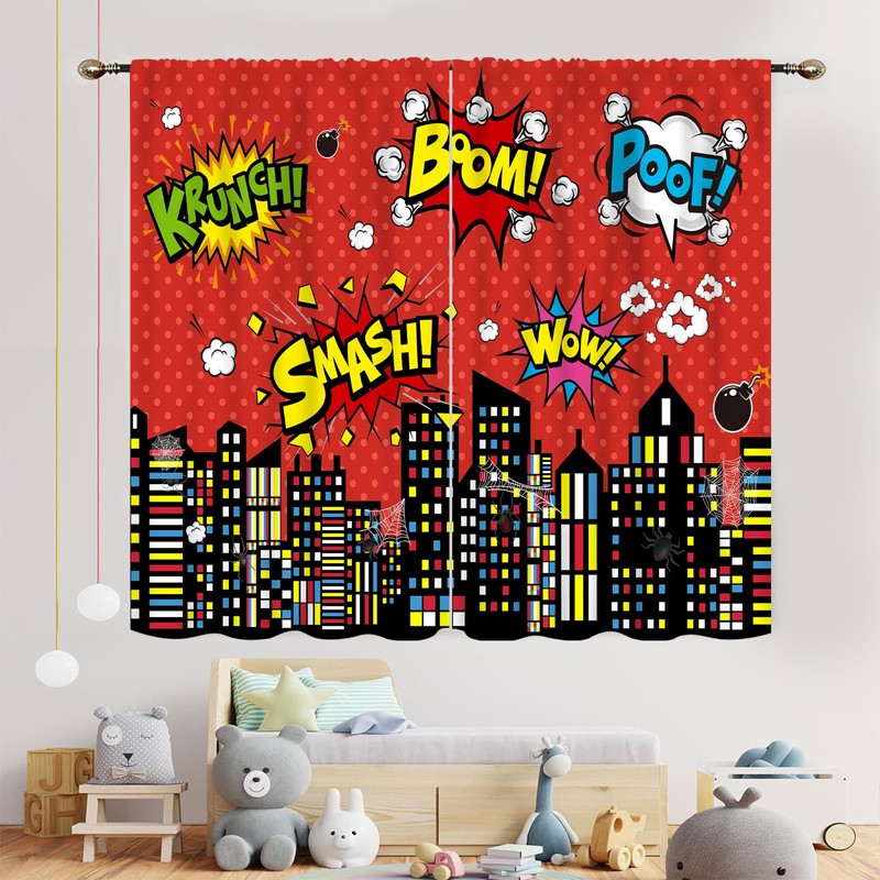 Superhero City Curtains for Boys Kids Teens, Red Spider Web
