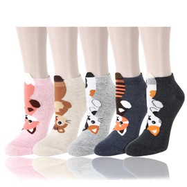 Benefeet Sox Womens Girls Funny Novelty Ankle Socks Cute Fun Cartoon Animal Patterned Low Cut Socks Colorful Crazy Short Socks Gift Socks(5 Pack-Raccoon Cat Fox Squirrel)
