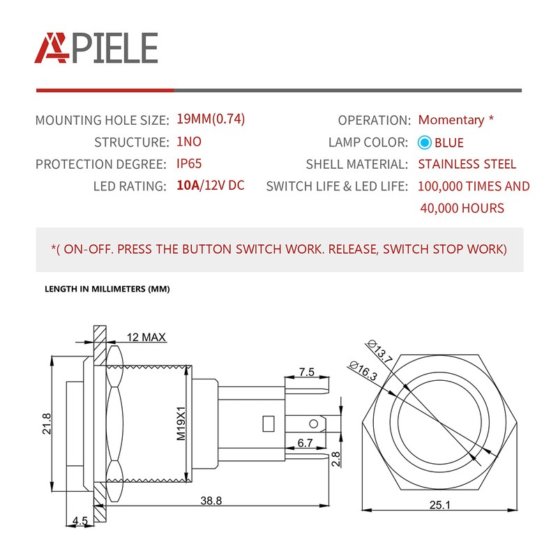19mm Momentary Push Button Switch, APIELE 10A 1NO Stainless Steel