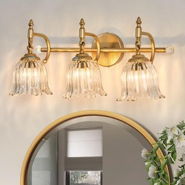 CVKASH 3-Light Bathroom Vanity Light Fixtures Over Mirror,Brushed Gold Modern Vanity Lights with Glass Shade Vintage Wall Sconce for Bedroom Dressing Room Living Room Hallway Cabinet