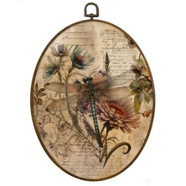 MAQIKA Vintage Dragonfly Oval Framed Wall Art Decor, Dragonfly Wall Decor, Dragon Fly Botanical Oval Wall Hanging Decor, Retro Dragonflies Canvas Prints Wall Art for Bedroom Living Room, 8.7x11.3 Inch