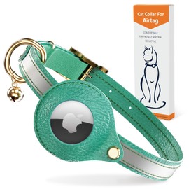 Leather AirTag Cat Collar Non Breakaway, Reflective GPS Cat Collar Adjustable with Bell and Elastic Strap for Kittens, Lightweight Cat Airtag Collar for Cats, Puppies (Teal)