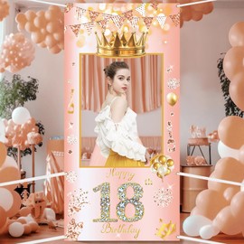 POPOYU 18th Birthday Decorations,Rose Gold Birthday Banner Party Photo Booth Props,Giant Fabric 18thBirthday Party Photo Booth Frame,Funny Large Selfie Frame for Girls Boys Birthday.Party Supplies