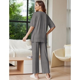 Ekouaer Lounge Sets for Women Short Sleeve Tops and Long Pants Soft Comfy Pajamas Set 2 Piece Outfits,Dark Gray,L