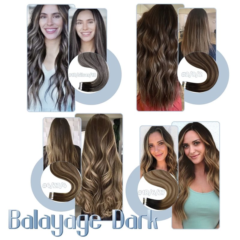 Hetto Remy Real Hair Tape-In Extensions, Balayage, Black with Grey,