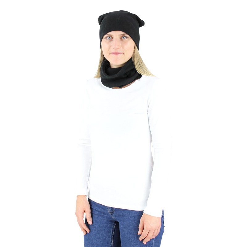 Alkato Unisex Beanie Hat and Scarf Set Plain, Black ribbed