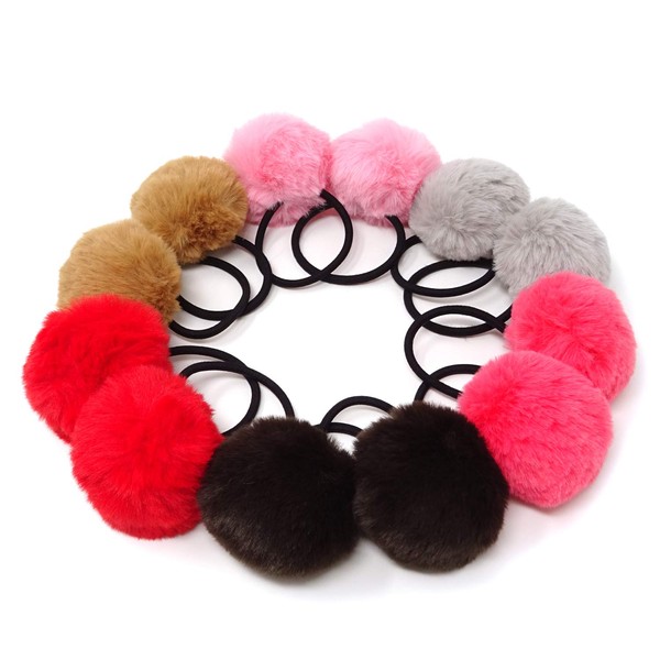 Honbay 12PCS Korean Cute Pom Pom Ball Elastic Hair Ties PomPom Hair Bands Seamless Hair Ropes Ponytail Holders (B)