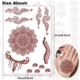 DPKOW 9 Sheets Brown Red Temporary Tattoos for Woman Girls Lotus Mandala Flower Temporary Tattoo Stickers Indian Lace Tattoos Eid Wedding for Hand Arm Body Art Waterproof Fake Temporary Tattoos