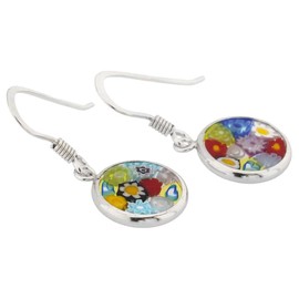 Glass Of Venice Italian Murano Glass Millefiori Round Dangle Earrings "Multicolor" Flowers Small 3/8 inch or 10mm Silver Frame and Hooks - Murano Glass Fashion Earrings For Women
