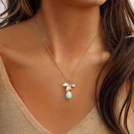 Cimenexe Bohemian Teardrop Gemstone Choker Necklace Gold Flower Leaf Pendant Necklace Oval Gemstone Necklace Small Leaf Gemstone Chain Necklace Jewelry for Women and Girls Gifts