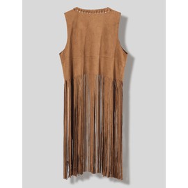 Womens Faux Suede Long Tassels Tops 70s Hippie Suede Leather Vest Cardigan Jacket Outwear Tops Fringe Trim Jacket Outwear Tops Sleeveless Long Waistcoat Jacket Brown 3XL