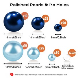 250 PCS Puran&Light Blue Floating Beads No Hole Pearl for Vases, 8/14/18mm Floating Beads for Centerpiece, 2400 PCS Clear Water Gel, DIY Home Birthday Weddings Party Decor