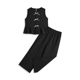 Handfrog Girls’ Clothing Sets Sleeveless Bow Crop Top Wide Leg Linen Pants 2025 Summer Outfits Cute Kids Clothes