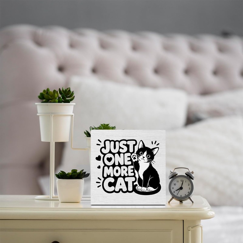 Funny Cat Desk Decor, Rustic Wooden Box Sign Cute Office
