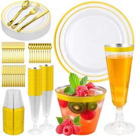 150PCS Gold Plastic Plates Set for 25 Guests, Disposable Dinnerware Set of 25 Dinner, 25 Cups and 25 Champagne Flutes Cups, 25 Spoons, 25 Forks, 25 Knives for Birthday, Wedding & Party Supplies