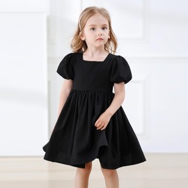 Tutu.kk Little Girls Casual Dress Puff Sleeve A-Line Swing Flared Party Birthday Formal Dresses Black 5-6T