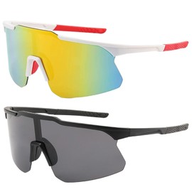 AYNKH 2 x Sport-Sonnenbrille, UV400-Brillen, MTB-Rennrad, MTB-Brille, polarisierte Fahrrad-Windschutzscheibe, Skibrille (weißer Rahmen, rote Folie + schwarzer Rahmen, graues Blatt)