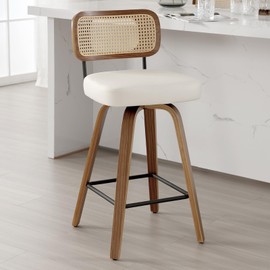 Bekrvio Swivel Counter Height Bar Stools, Upholstered Faux Leather Barstools with Rattan Back, 26" Seat Height Bar Chairs for Kitchen Island, Bentwood Wood Frame, Cream White
