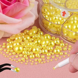 BELLEBOOST Nail Art Flat Back Half Round Pearl Kits 21, 1 Box of 6000 Pcs Flat-Back Lemon Yellow Pearl with Tweezer and Picker Pencil for Home DIY Nails Body Face Craft and Salon Use