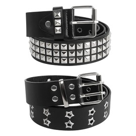 CAINCAY 2 PCS Studded Belt Rivet Belt, Gothic Belt Rock Punk Gothic Leather Belt with Bright Pyramid Rivets, Punk Studded Belt Adjustable Pyramid Rivet Belt for Jeans Pants Women Men