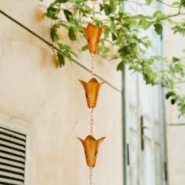 DUSVALLY Rain Chains, 8.5 FT Morning Glory Shaped Rain Chain Replacement for Gutter Downspouts Eave Outdoor Garden, Gold