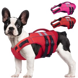 Kuoser Medium Dog Life Jacket, High Flotation Dog Life Vest for Swimming Boating, Reflective Dog Swimming Vest for Medium Dogs Pet Life Preserver with Rescue Handle, Red M