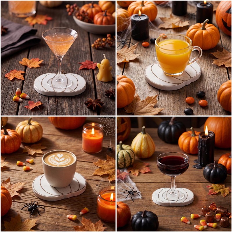 FoldTier 6 Pcs Marble Pumpkin Fall Coasters, Halloween Drink Coasters