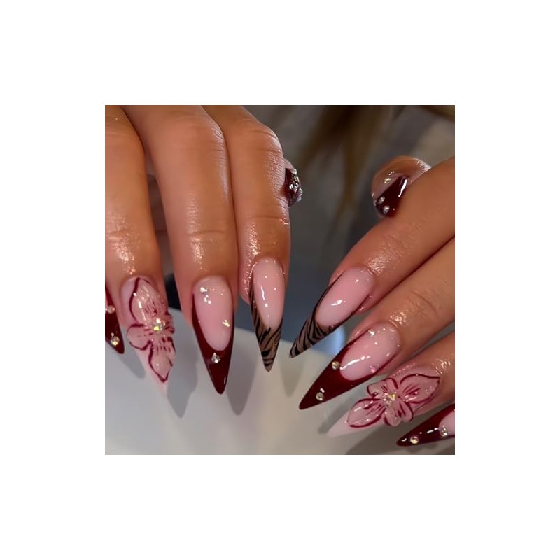 Uñas Postizas Largas Con Presión, Estilo Stiletto, Francesas, Marrones, Con