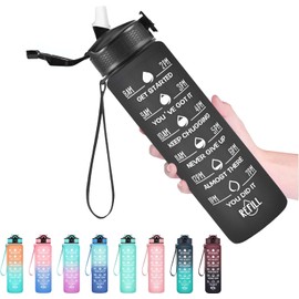 32 oz Water Bottle with Times to Drink and Straw, Motivational Water Bottle with Time Marker, Leakproof, Drinking Sports Water Bottle for Fitness, Gym and Outdoor (Black)