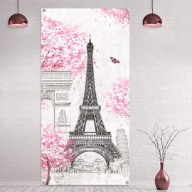 Tatuo Paris Eiffel Tower Backdrop Pink Eiffel Tower Background Banner 70.9 x 35.4 Inch Paris Pink Tree Wall Hanging Decor for Girls Bedroom Living Room Photograph Party Decoration