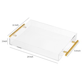 Clear Acrylic Lucite Serving Tray with Metal Handles,No Need to Assemble,11x14 Inch,Decorative Storage Organizer with Spill-Proof Design,Serving for Coffee,Breakfast,Dinner and More