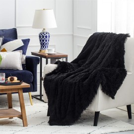 Bedsure Soft Fuzzy Faux Fur Sherpa Fleece Twin Blanket Black- Warm Thick Fluffy Plush Cozy Reversible Shaggy Blanket for Sofa and Bed -Comfy Furry Blanket, Solid Black 60x80